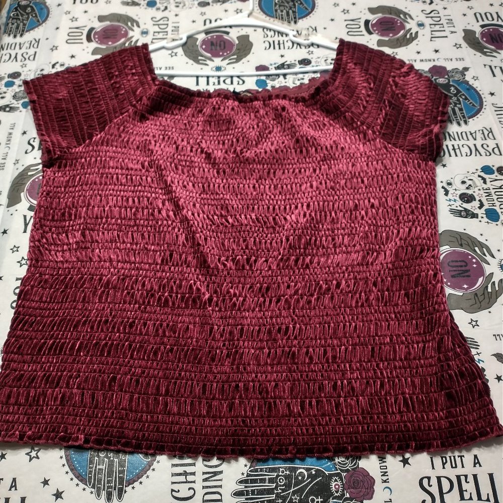 NWT Burgundy Velvet Shrilled Short Sleeve Shirt